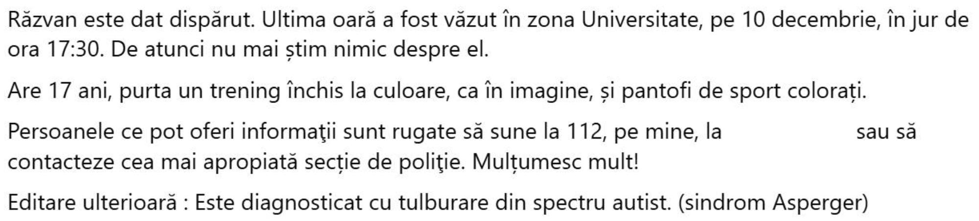 Anunțul inițial al mamei tânărului autist dispărut - captură de pe o rețea de socializare