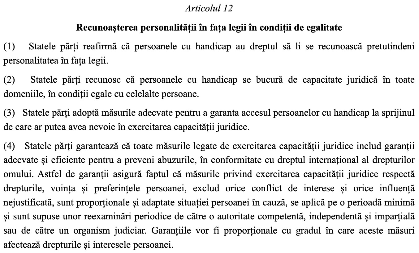 Articolul 12 din CRPD (Convenția Drepturilor Persoanelor cu Dizablități), traducere oficială în limba română (sursa: eur-lex.europa.eu)