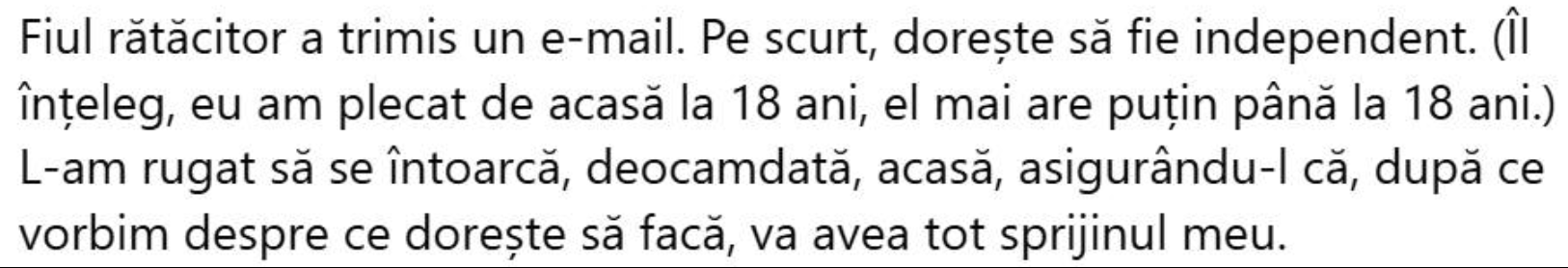 Mesaj al tatălui de pe o rețea de socializare, după ce tânărul a trimis un e-mail părinților