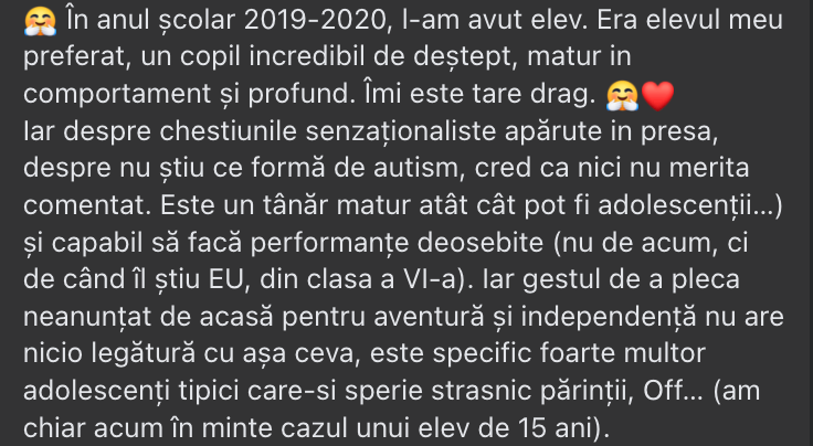 Mărturie de la o profesoară care l-a avut elev pe tânărul autist dispărut (unele detalii au fost redactate pentru a menține confidențialitatea)